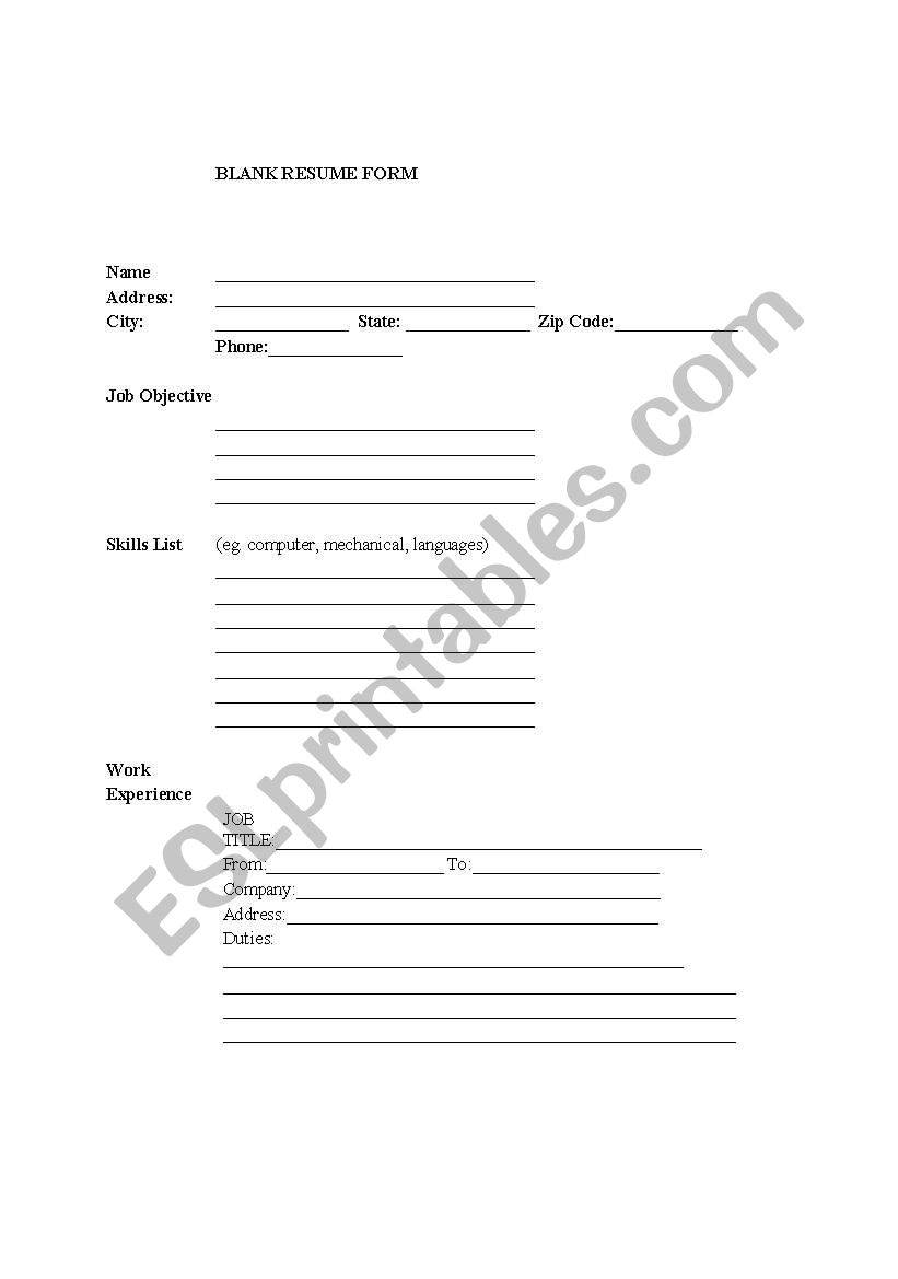 Blank Resume Form For ESL Job Seekers ESL Worksheet By Walshn