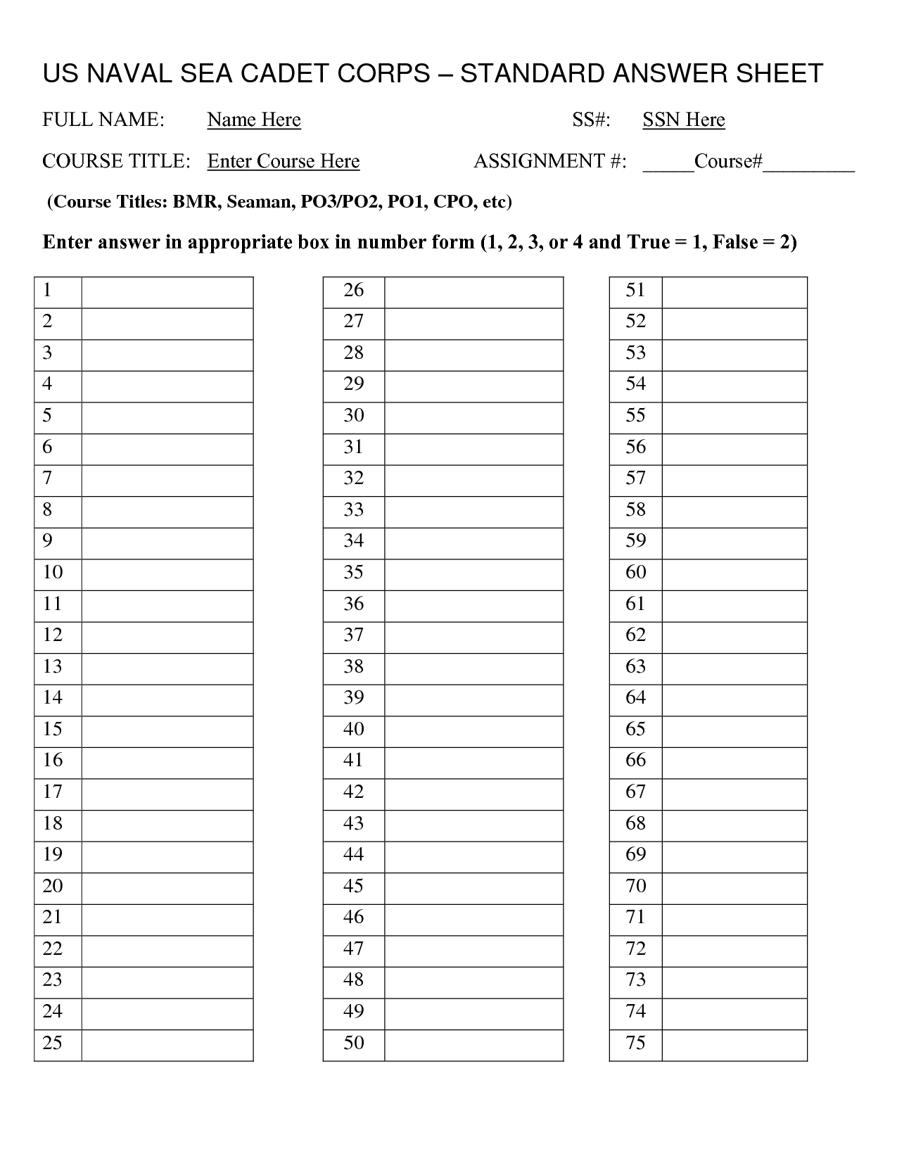 Printable Test Answer Sheet