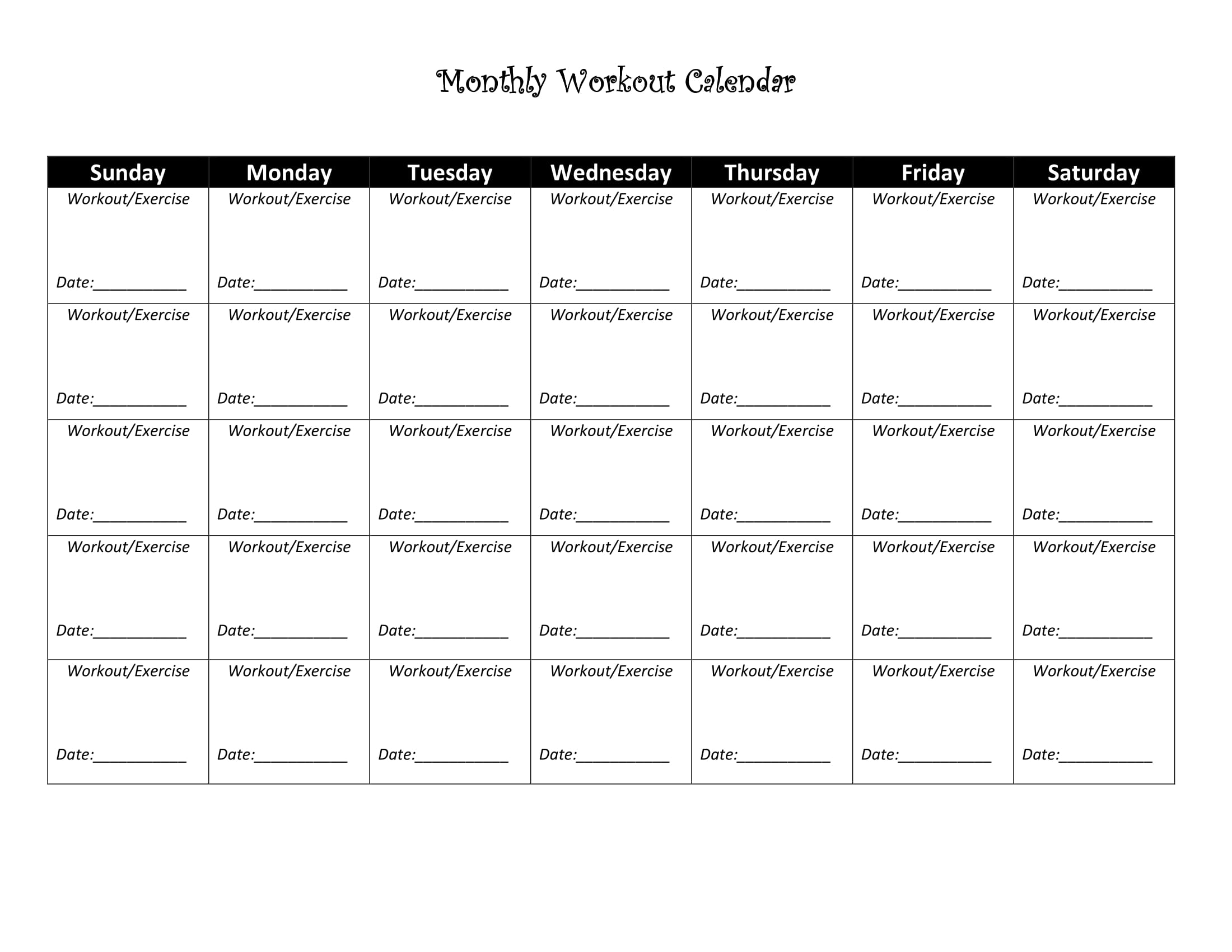 Workout Coloring Calendar Printable Free