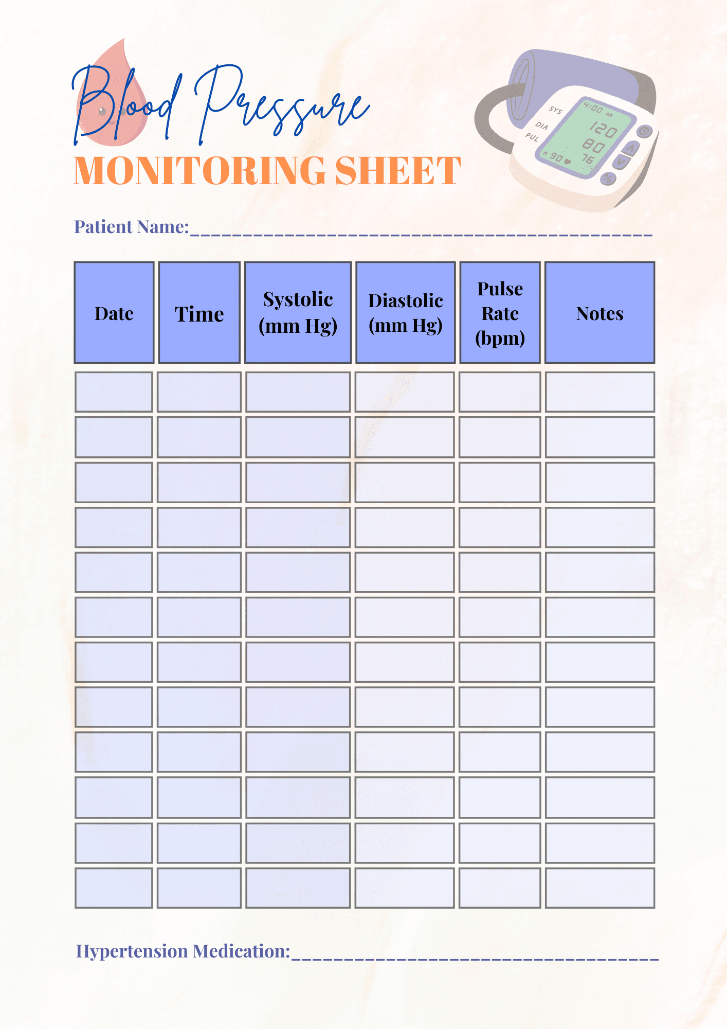 Bp Monitoring Sheet Printable Bp Monitoring Sheet Printable