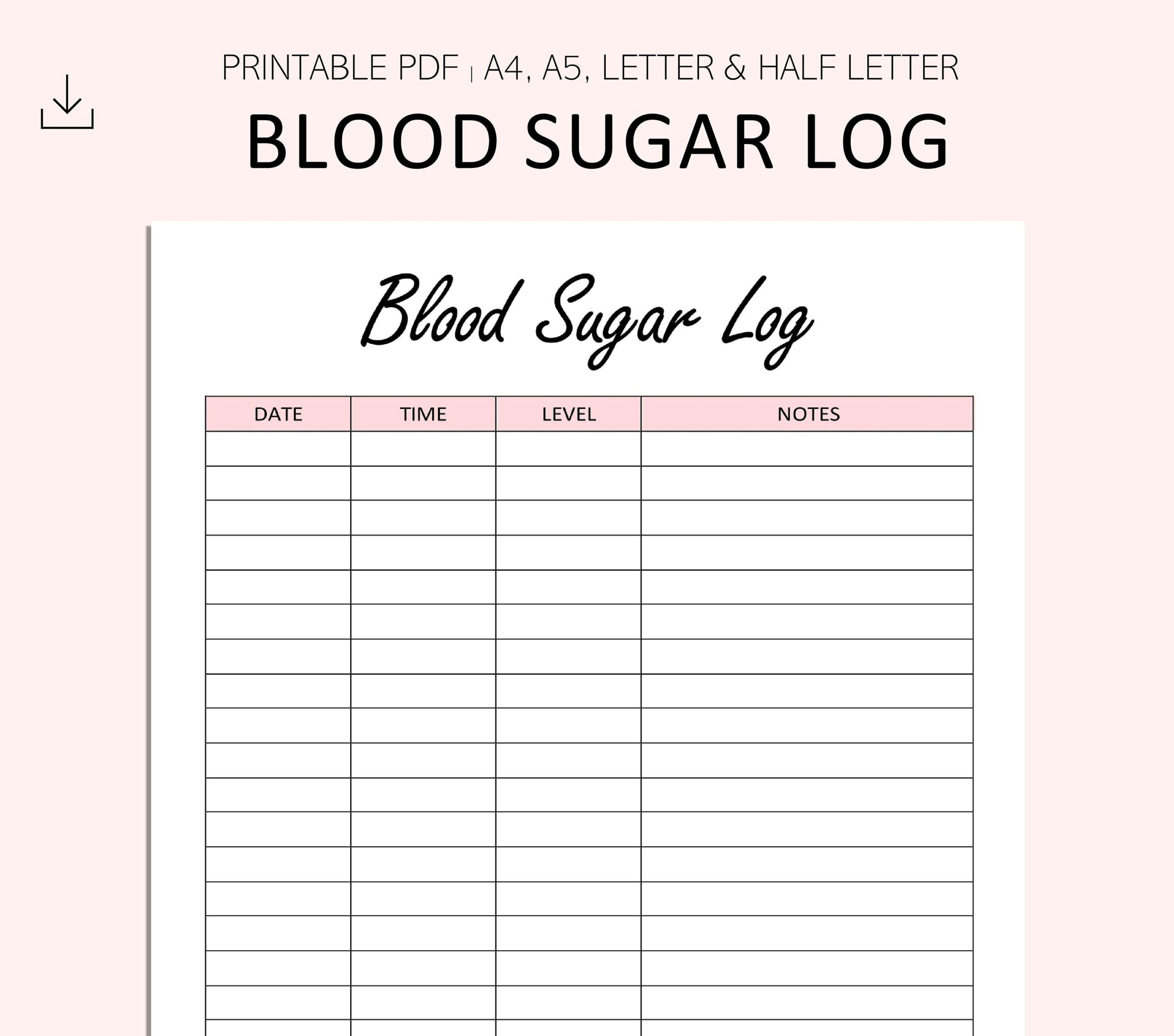 Blood Sugar Log Printable Blood Sugar Reading Tracker Blood Glucose Tracker Diabetes Printable PDF A4 A5 Letter Half Letter Etsy