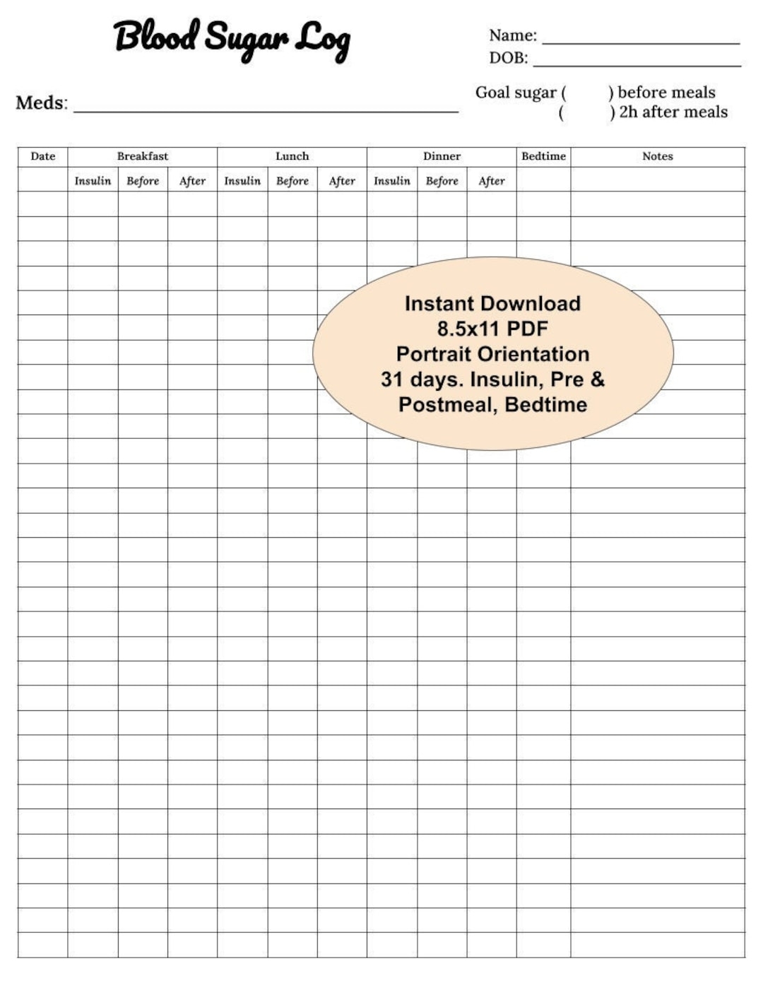 Free Printable Glucose Chart