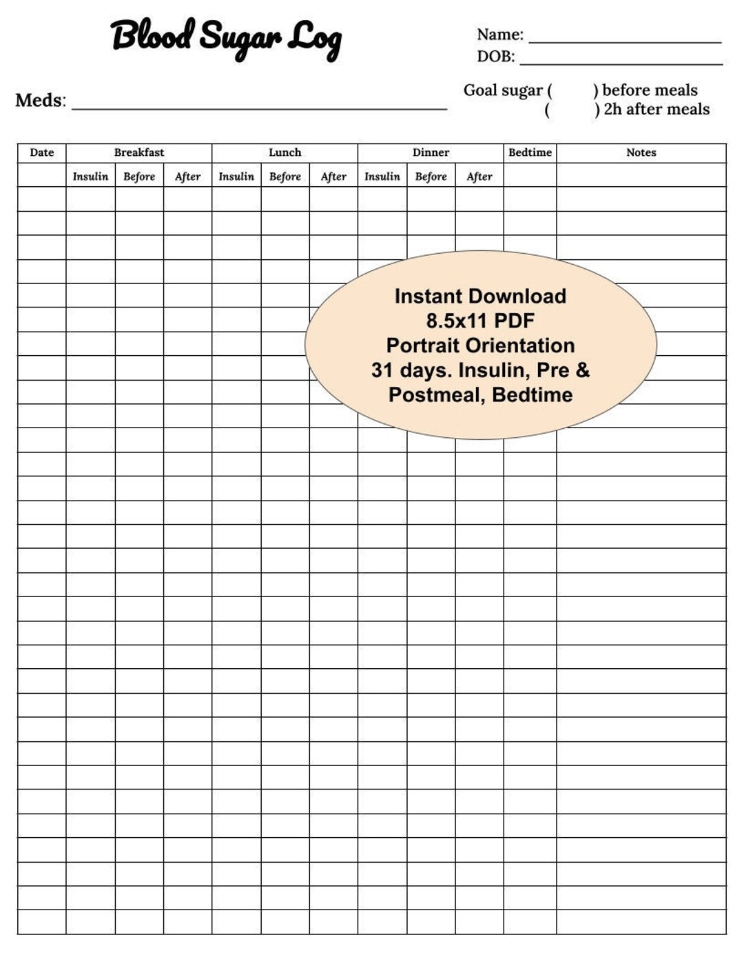 Printable Blood Sugar Log Sheet Pdf