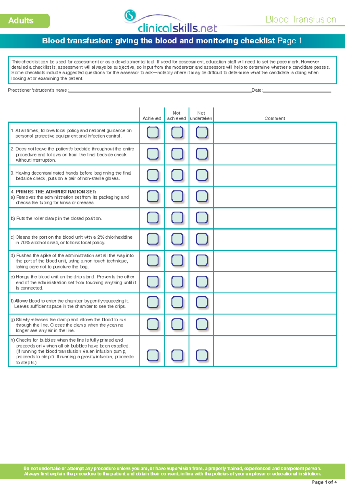 Blood Transfusion Checklist Part 5 Administering Monitoring Blood P1 4 Studocu