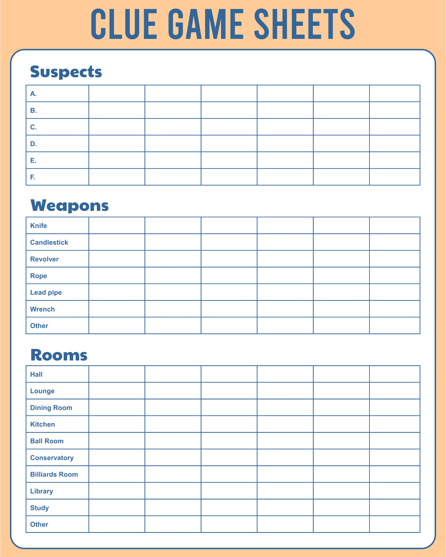 Clue Game Sheets Printable Free