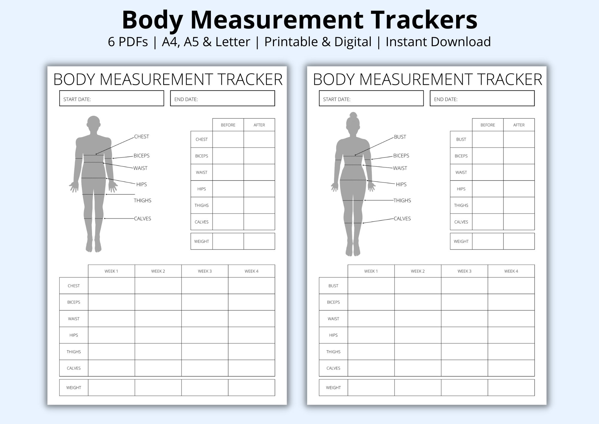 Body Measurement Tracker Weight Loss Tracker Templates Weight Loss Charts Male Female Fitness Planners Printable digital A4 a5 letter Etsy