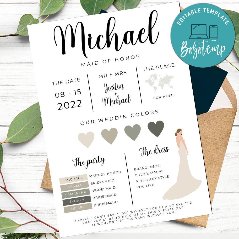 Bridesmaid Info Card Customizable Template Instant Download Bobotemp