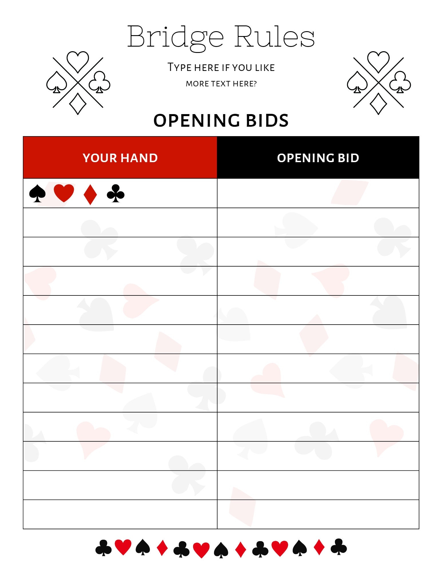 Printable Bridge Bidding Cheat Sheet