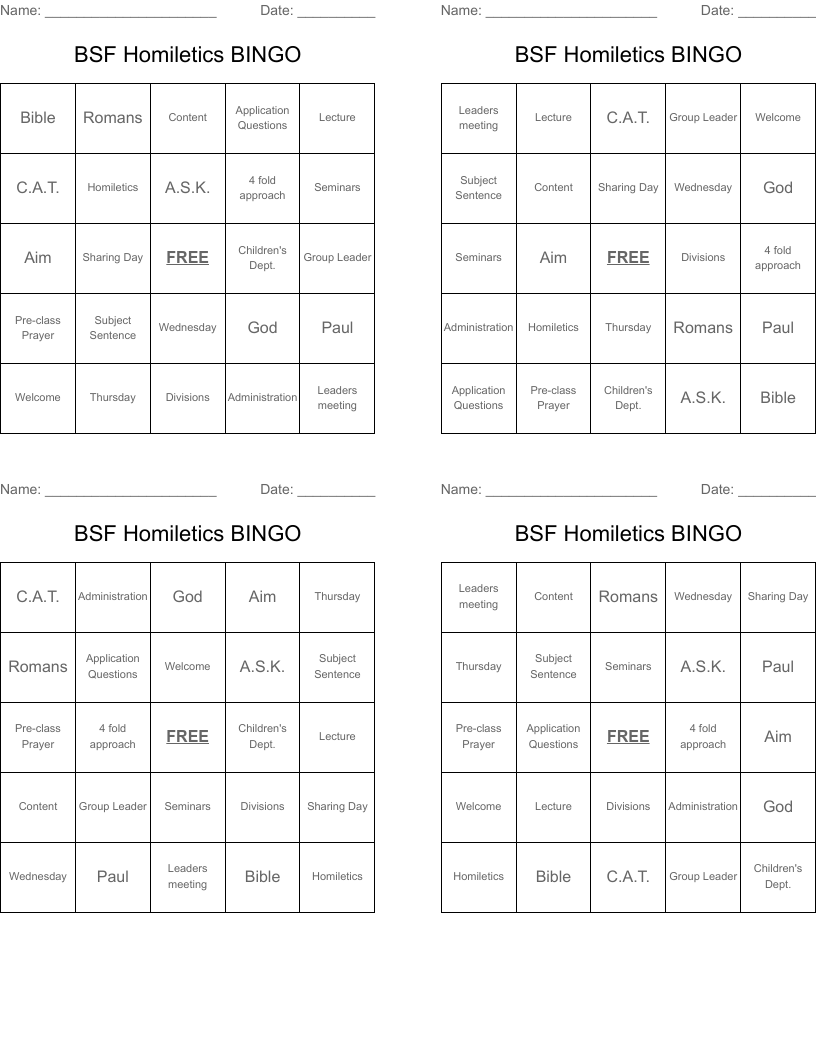 BSF Homiletics BINGO WordMint