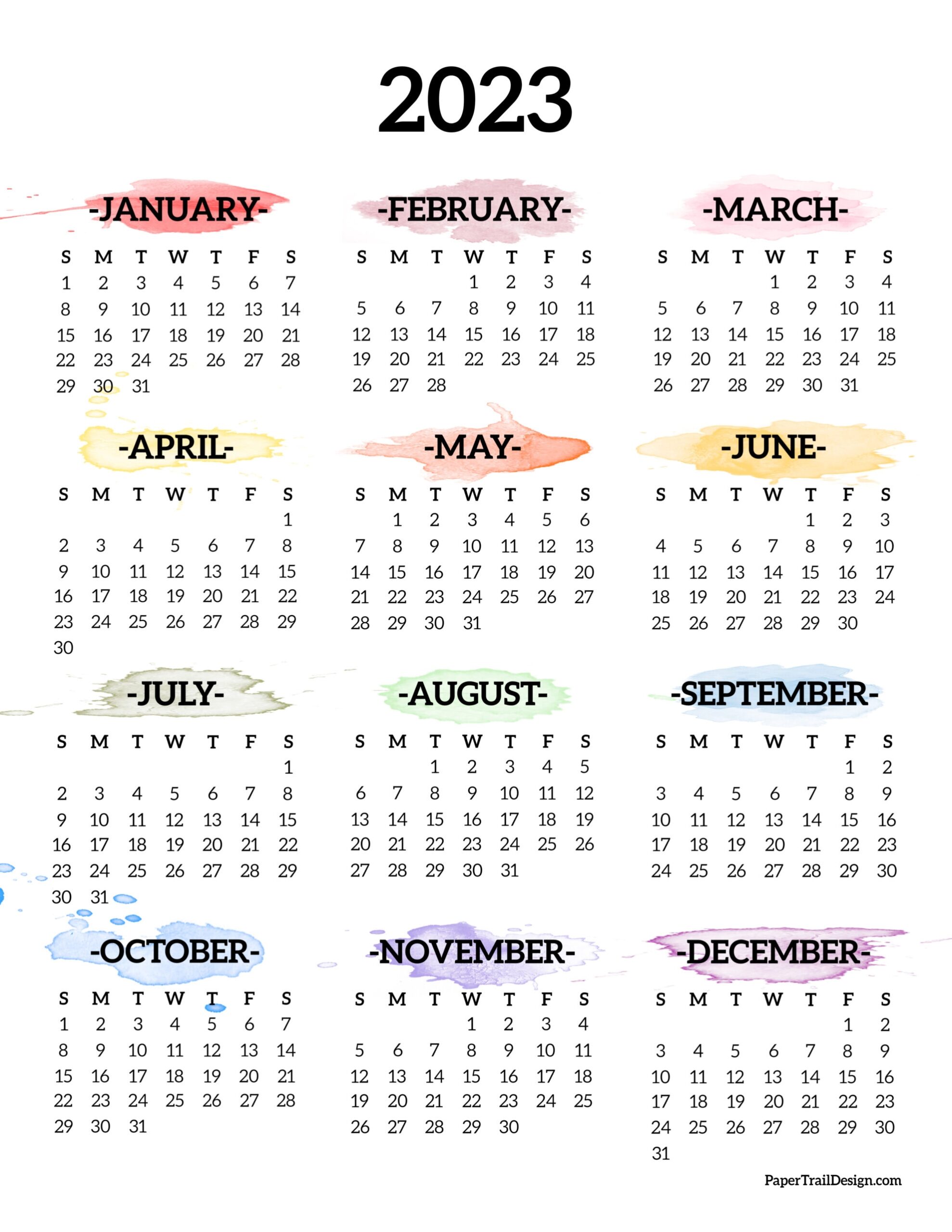 Calendar 2023 Printable One Page Paper Trail Design