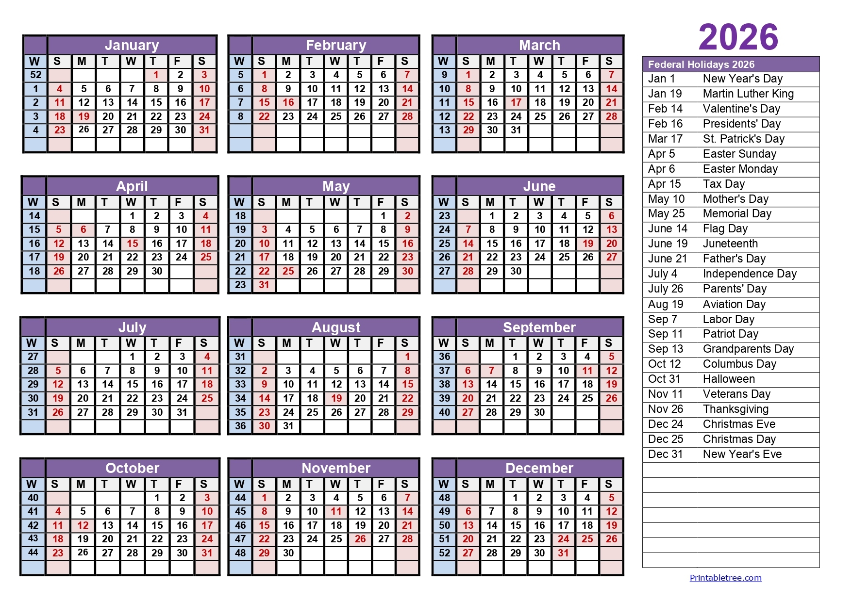 Calendar Weeks 2026 Printable Tree