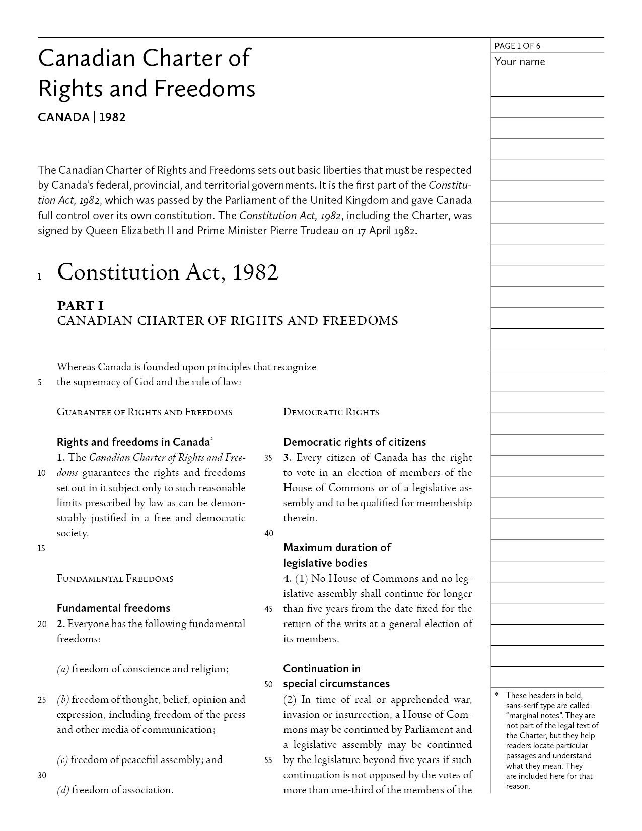 Canadian Charter Of Rights And Freedoms Canada 1982 Digital Download Classroom Handout 8 5x11 letter size Printable For Teachers