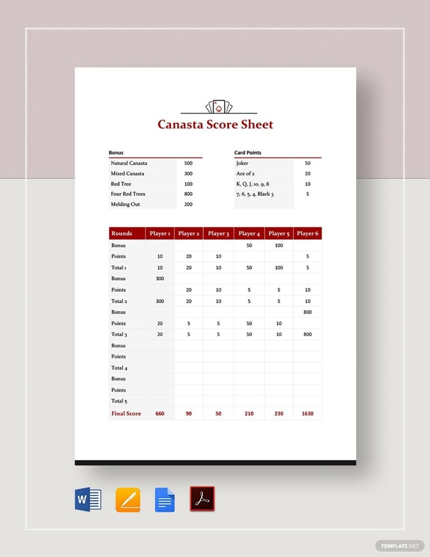 Canasta Score Sheet Template In Pages Word Google Docs PDF Download Template