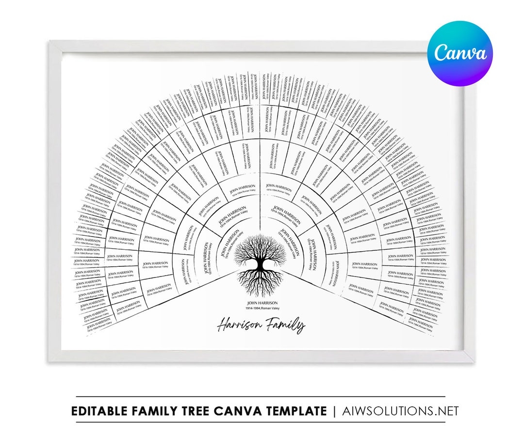 Canva Family Tree 7 Generations Template Editable Fan Chart Worksheets Library
