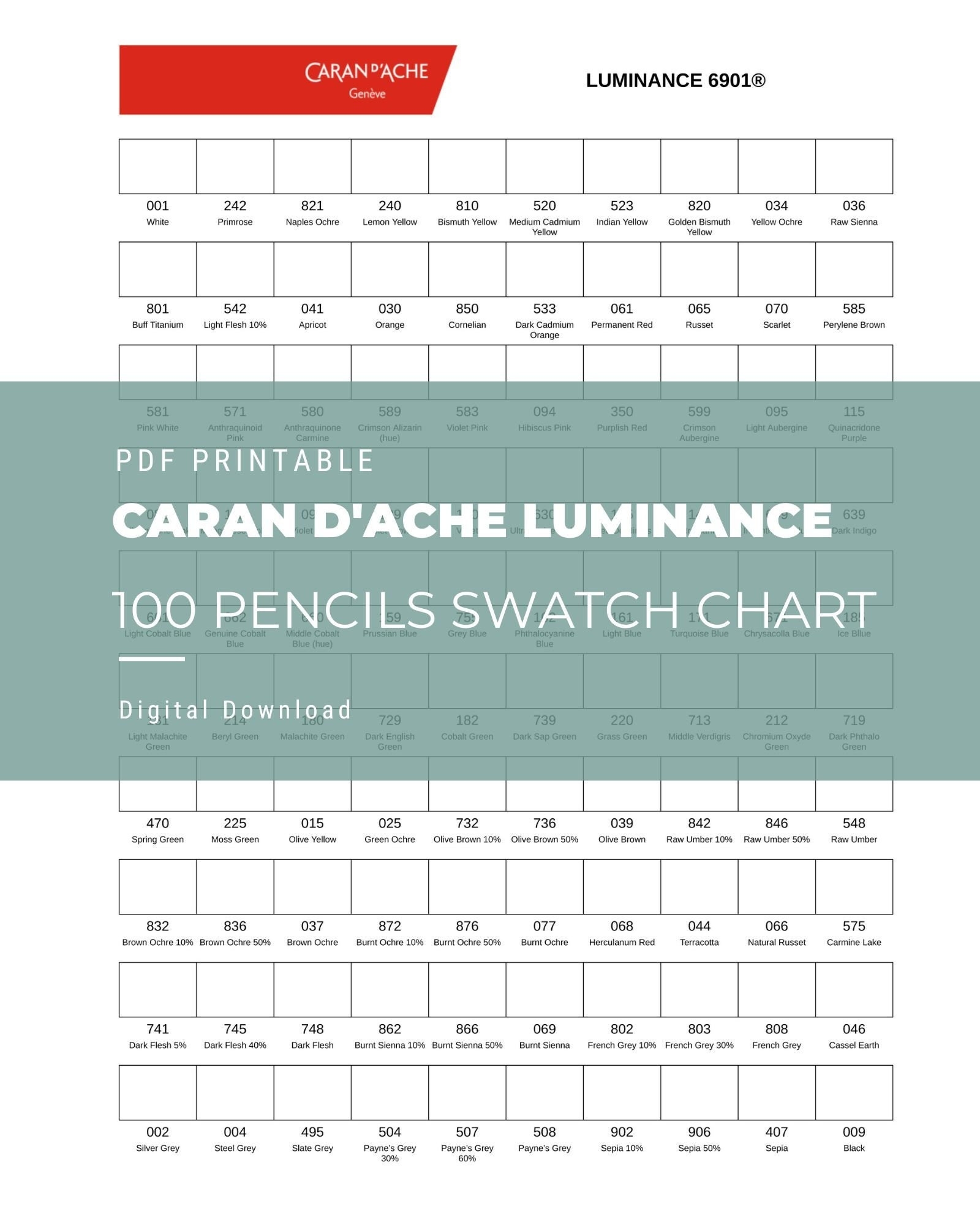 Caran D ache Luminance 100 Pencils Swatch Chart Etsy