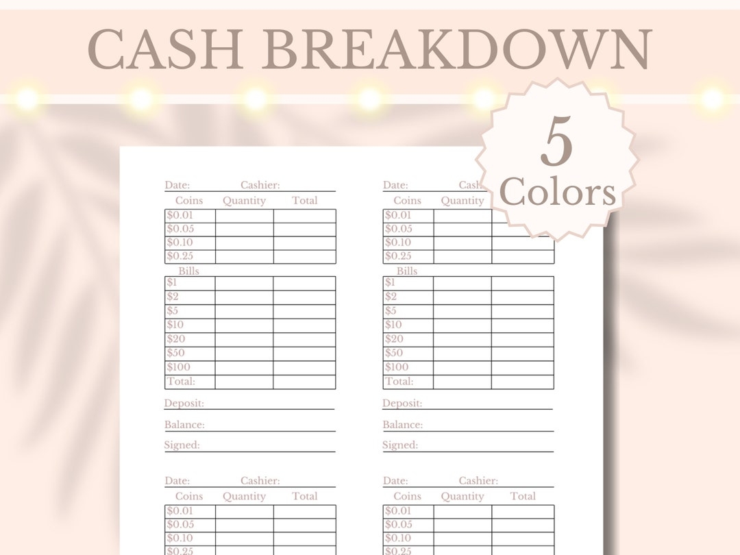 Cash Breakdown Printable Drawer Count Sheet Small Business Planner Cash Register Till Balance Sheet Tally Slip A4 A5 Letter Digital Download Etsy