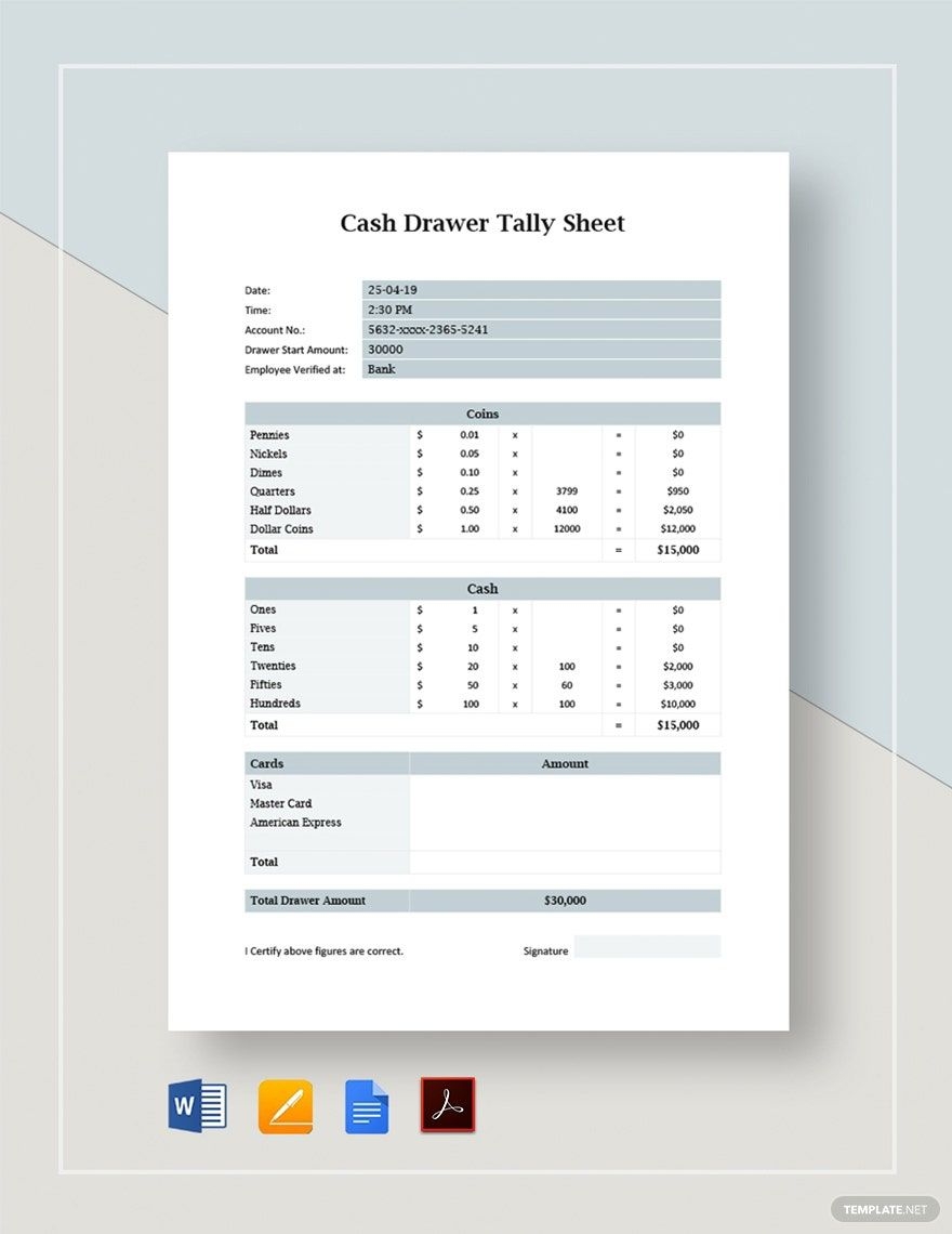 Cash Drawer Tally Sheet Template In Word Apple Numbers Pages Excel Google Docs Google Sheets PDF Download Template Cash Drawer Tally Sheet Template In Word Apple Numbers Pages Excel Google Docs Google Sheets PDF Download Template