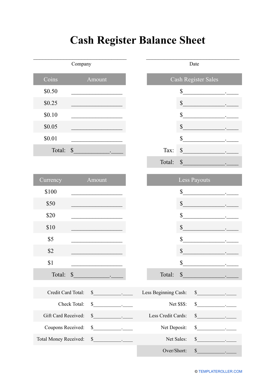 Cash Register Balance Sheet Template Fill Out Sign Online And Download PDF Templateroller