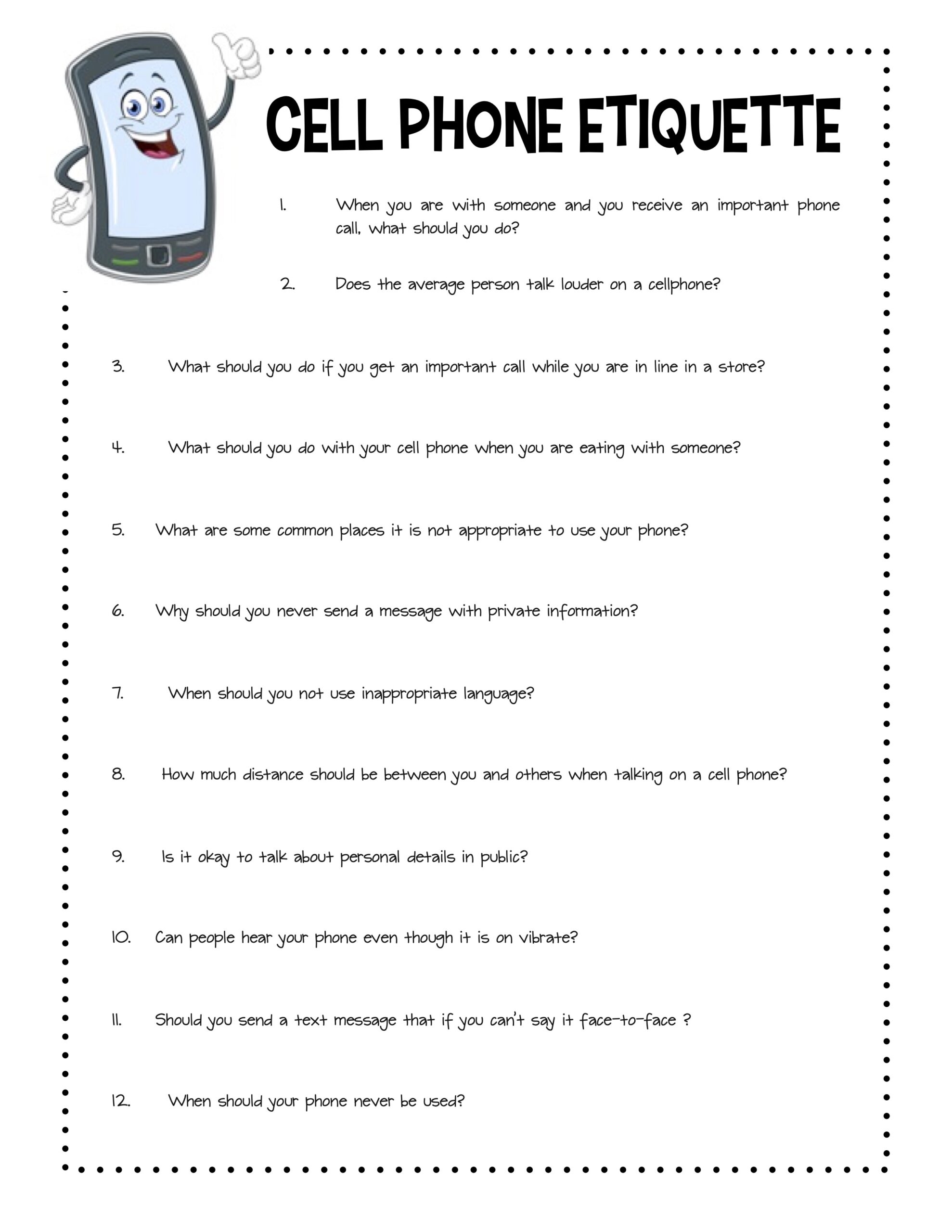 Cell Phone Etiquette Worksheet Packet Made By Teachers