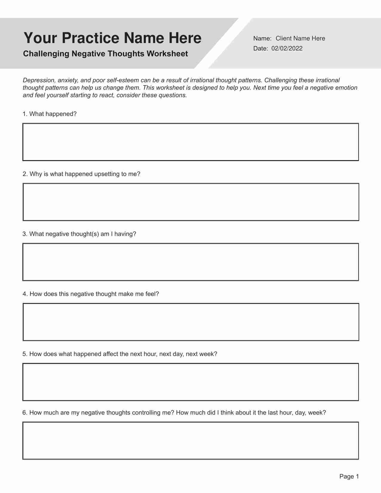 Challenging Negative Thoughts Questionnaire PDF Editable Fillable Printable TherapyByPro
