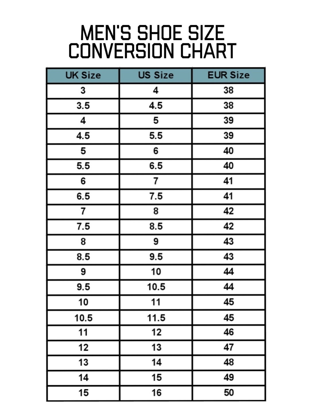 Printable Mens Size Chart