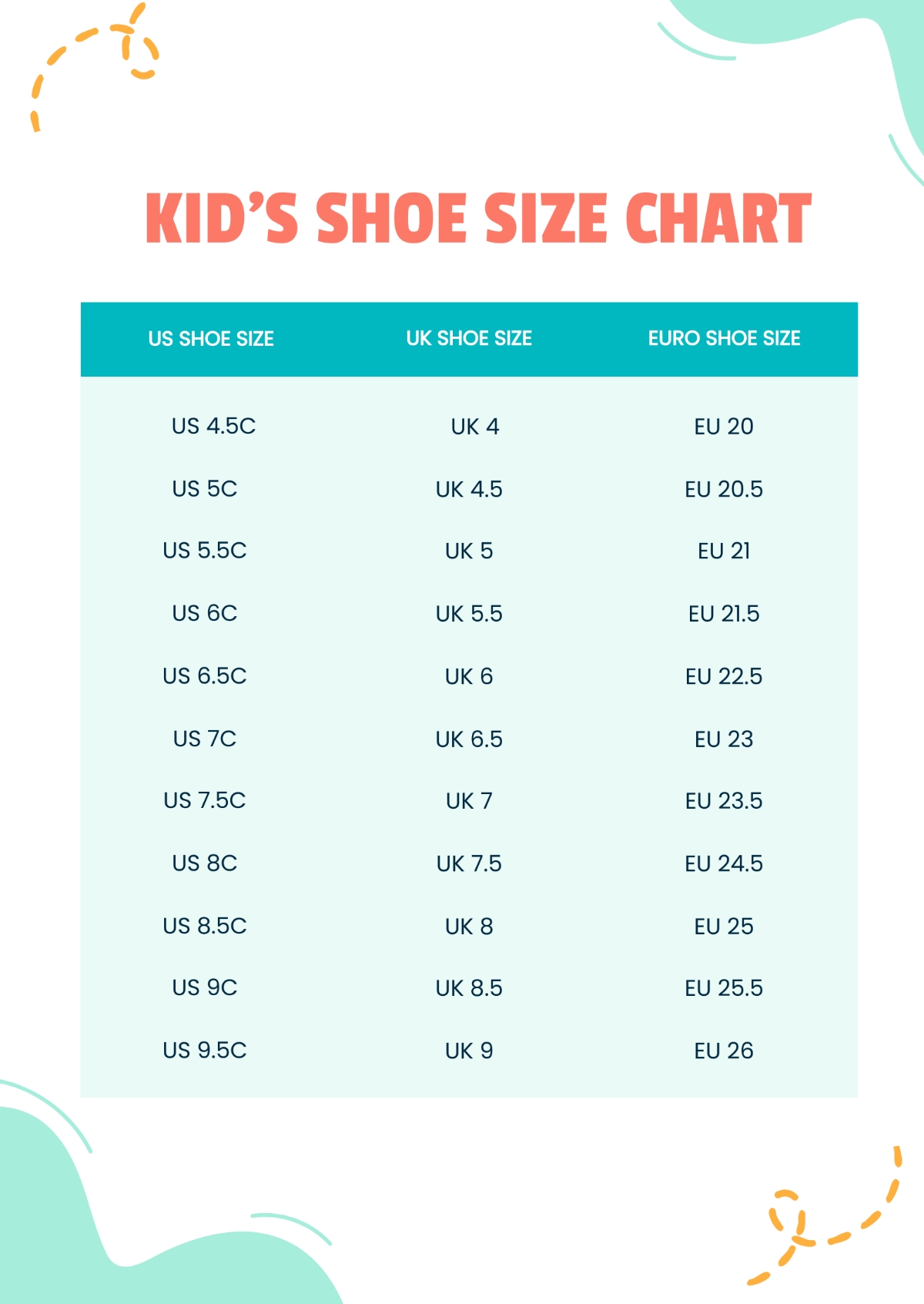 Child Shoe Size Chart Printable Uk