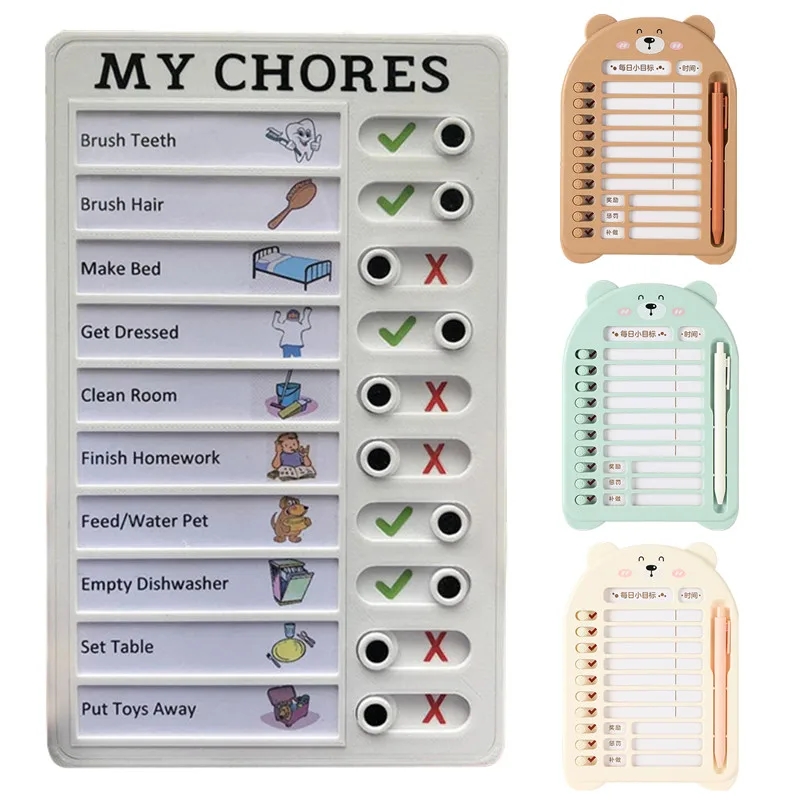 Check Mark Magnets 4 Piece Kids Chore Chart Set Reusable Sliding Routine Board With 20 Cards Stickers Reusable Routine Chart