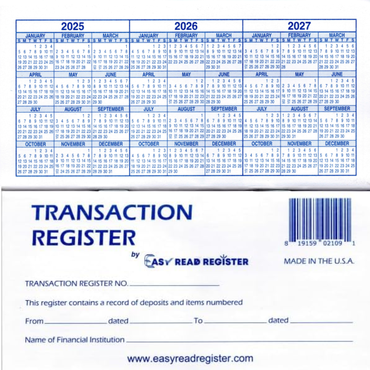 Checkbook Transaction Registers 2025 2026 2027 Calendars By Easy Read Register EBay