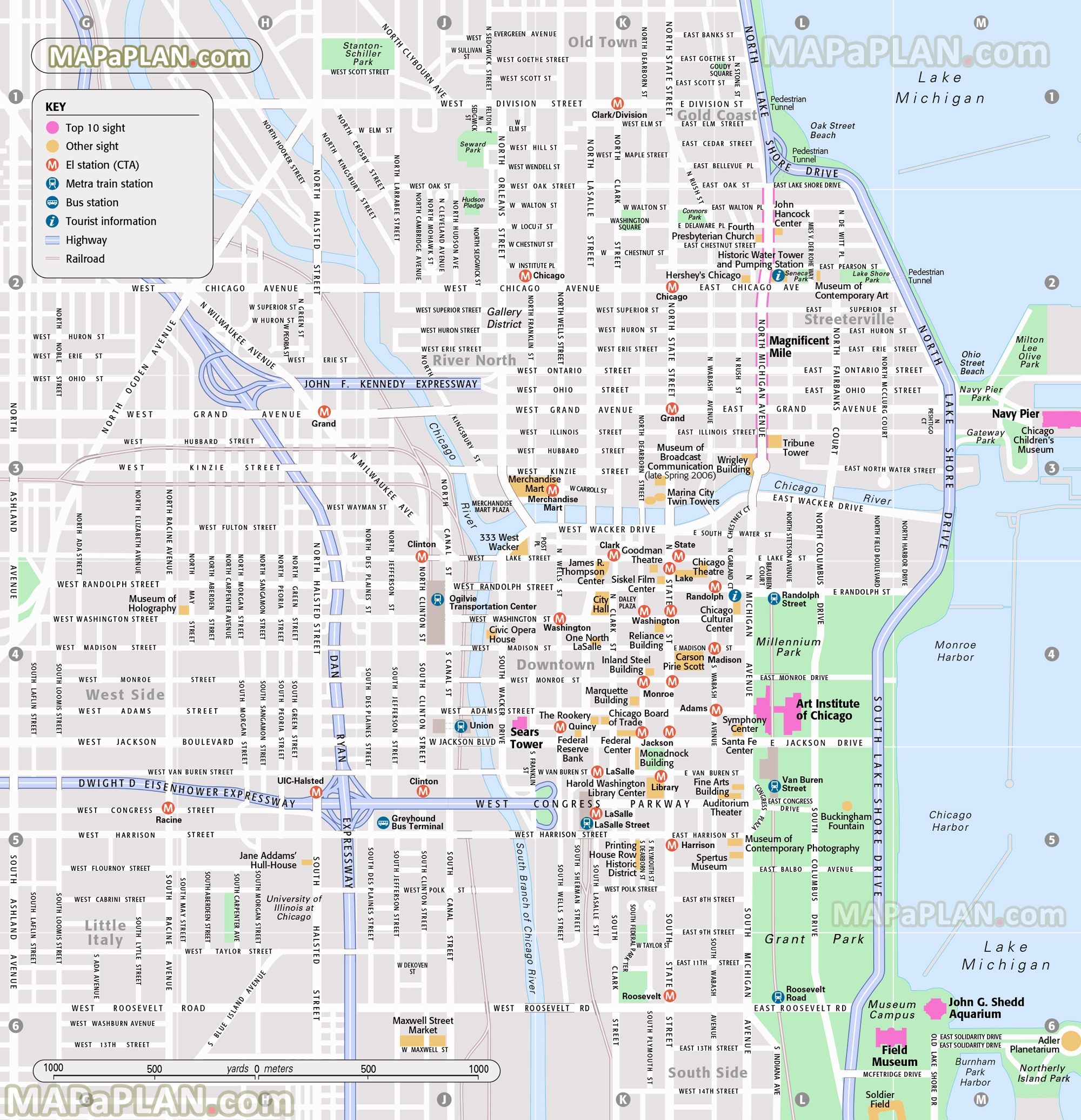 Chicago Printable Sightseeing Map Top 10 Must do Sights City Center Tourist Information 3d Interactive Virtual Poster Goodman Theater Planetarium Grant Park
