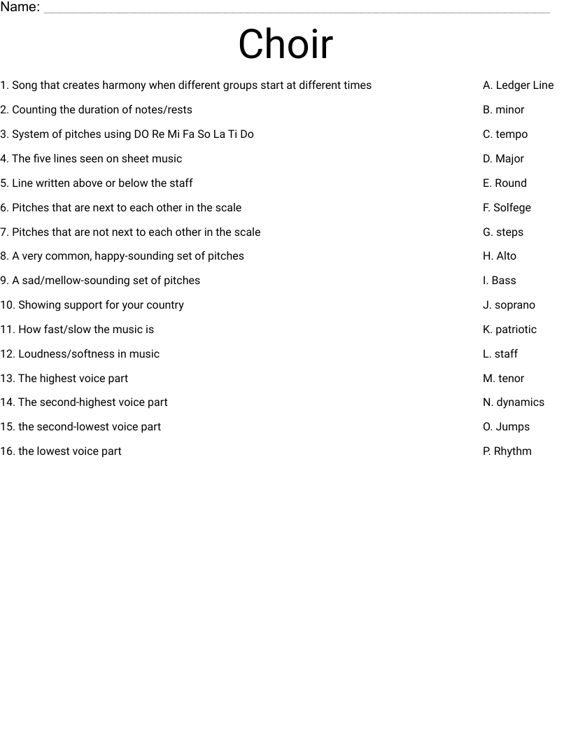 Choir Worksheet WordMint