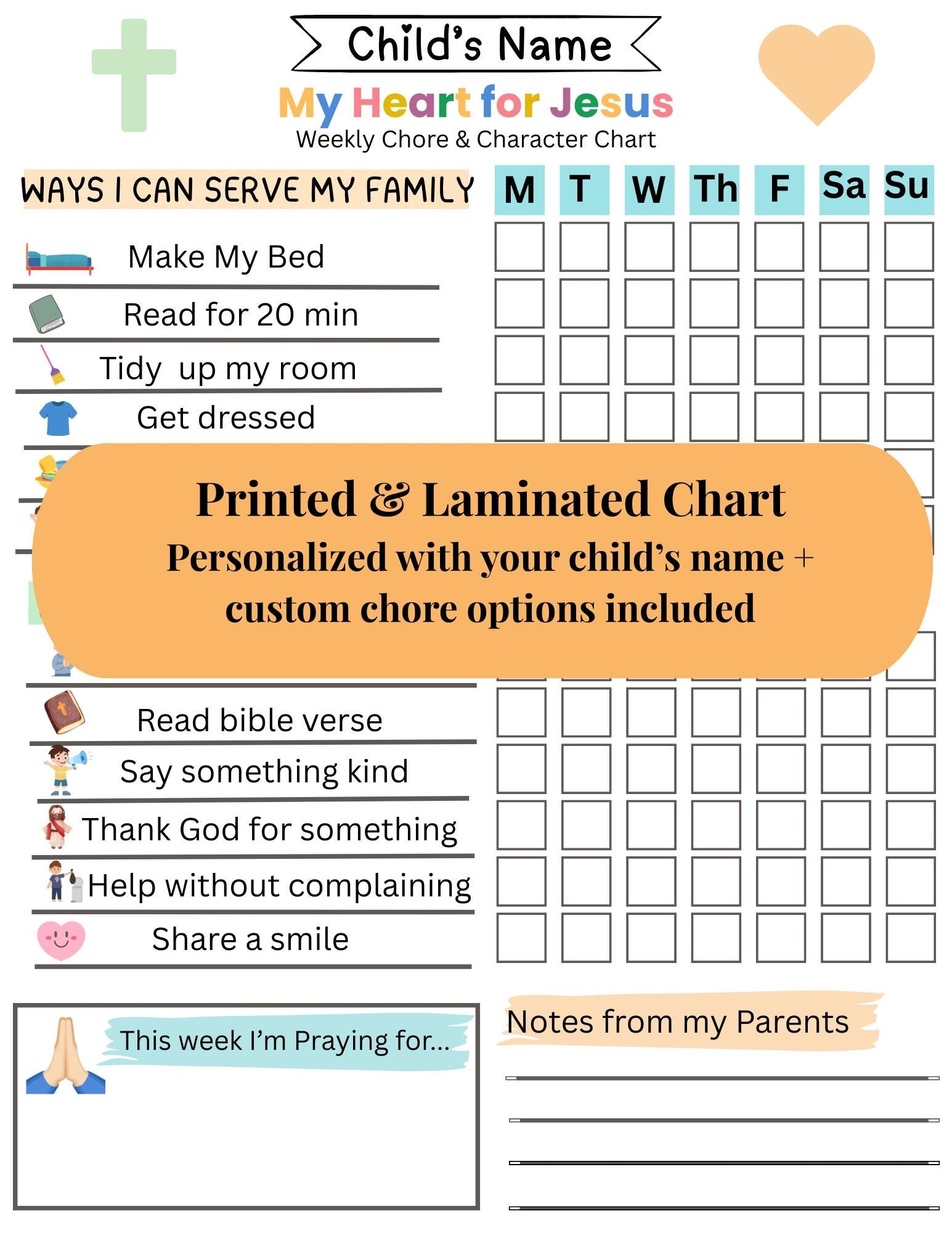 Christian Kids Chore Chart Faith based Responsibility Tracker printable Editable Laminated Options Available Etsy