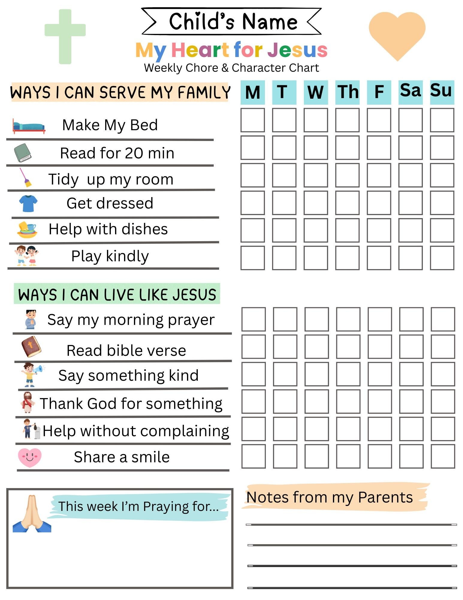 Christian Kids Chore Chart Faith based Responsibility Tracker printable Editable Laminated Options Available Etsy