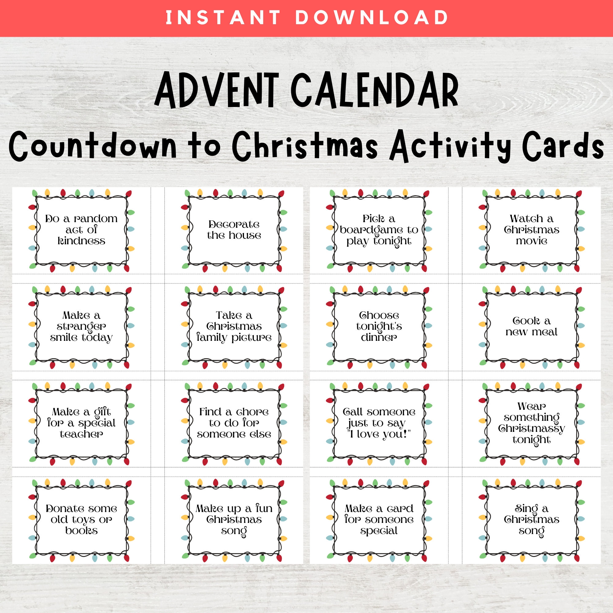Christmas Advent Calendar Activity Cards Countdown To Christmas Printable Advent Activity Cards Christmas Activities For Kids Etsy