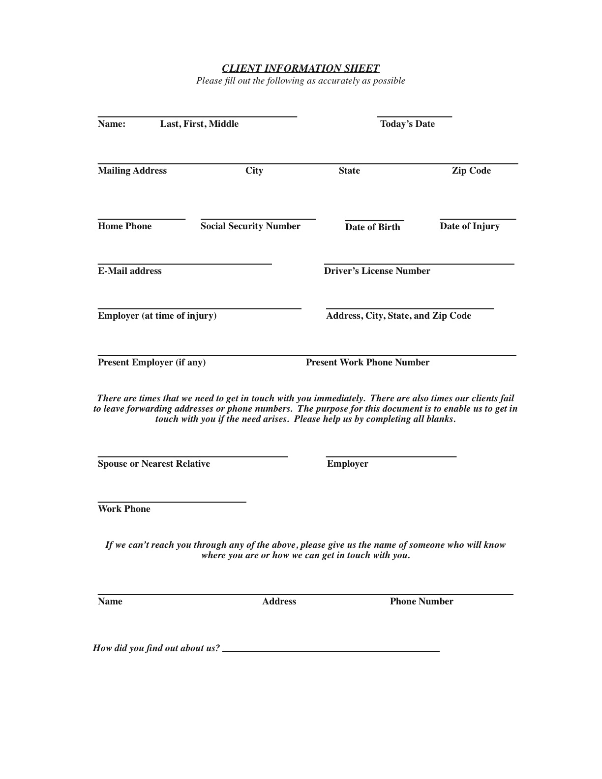 Client Information Sheet The Law Office Of Regina Walsh Adams