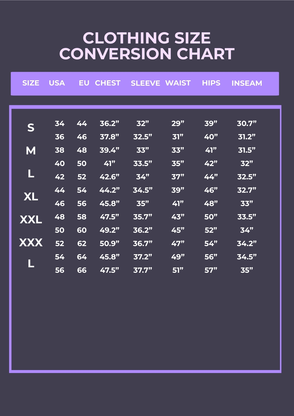 Clothing Size Conversion Chart In PDF Illustrator Download Template