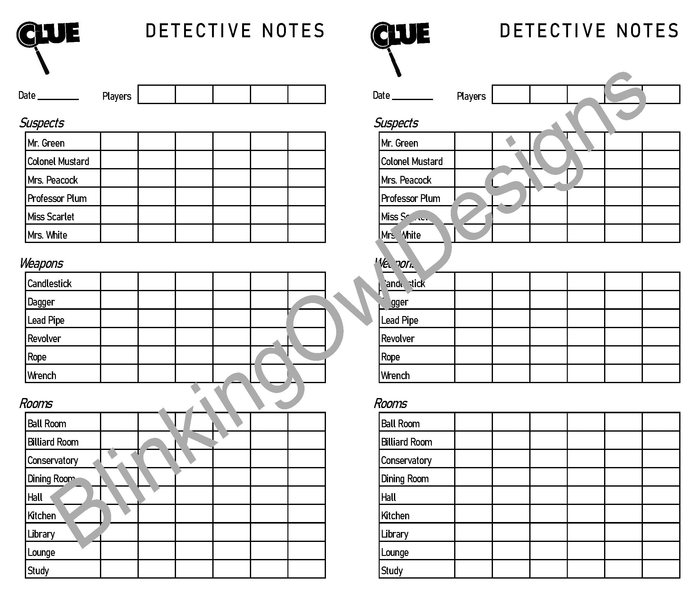 Clue Score Card Score Sheet Digital Download Half Page Large Format Classic Characters 
