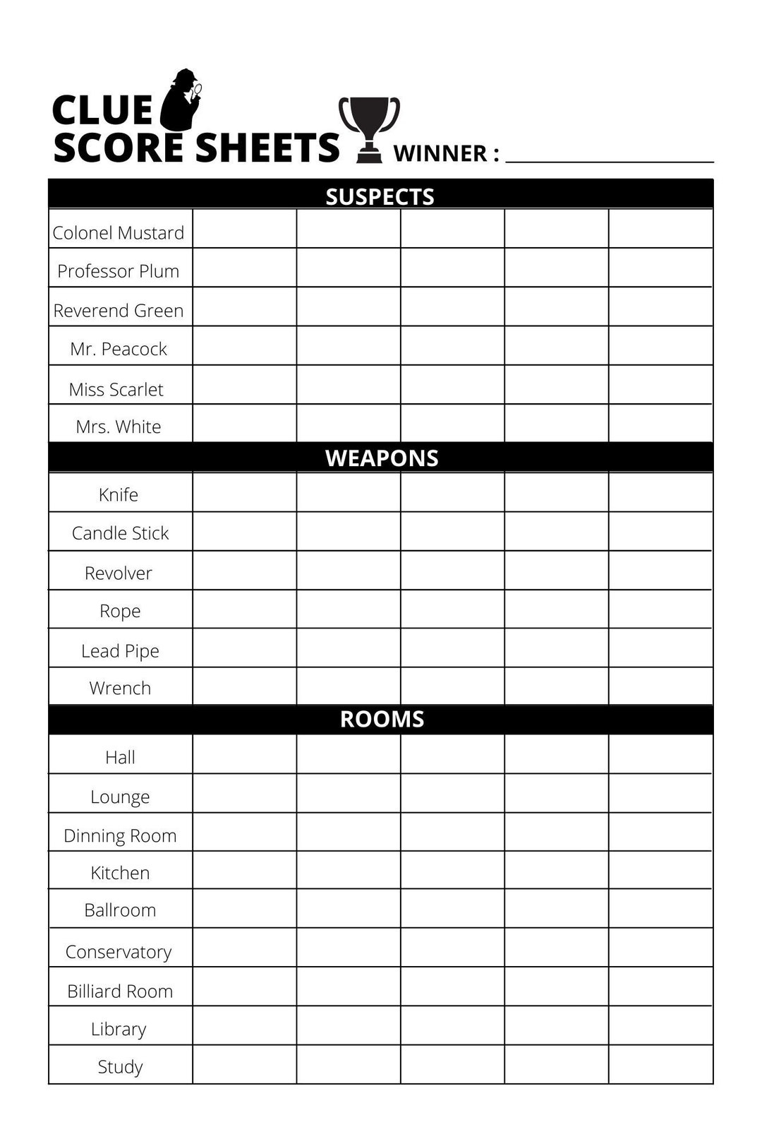 Clue Game Sheets Printable Free