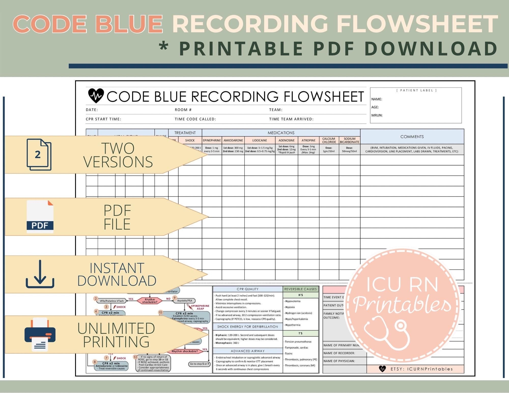 Code Blue Recording Flowsheet Printable PDF Download Etsy