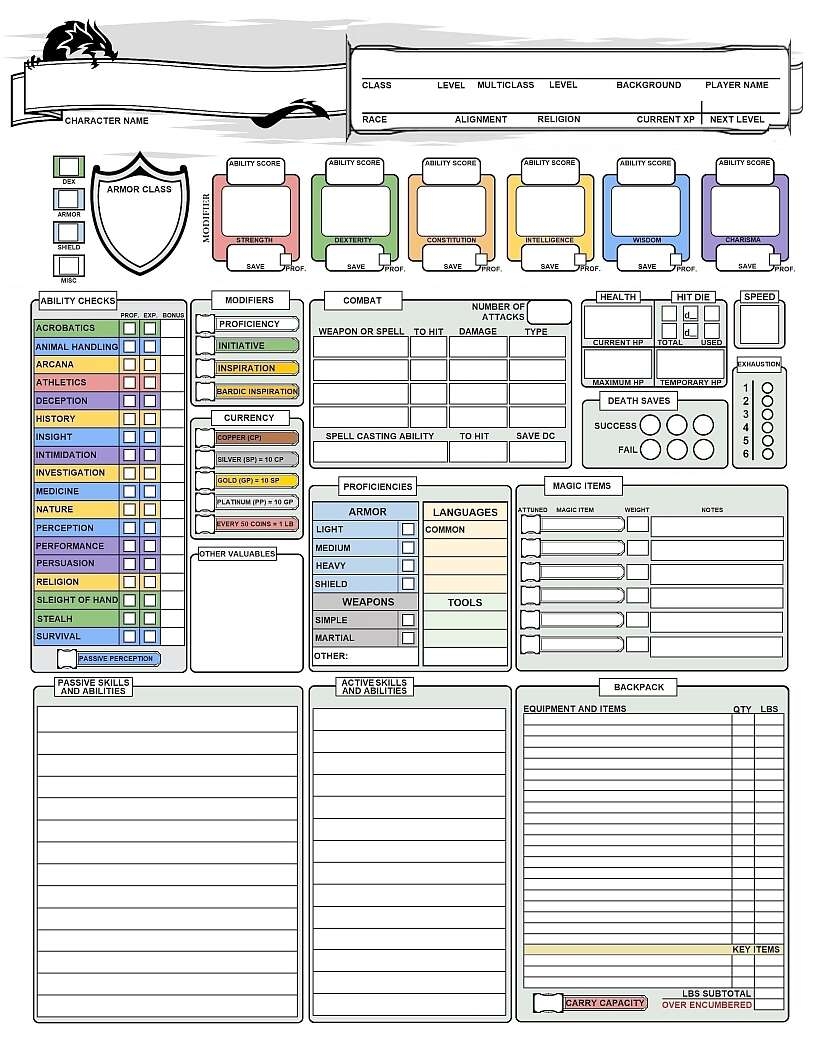 Color Coded Auto Calculating Character Sheet For 5e Dungeons And Dragons Lahrs DriveThruRPG