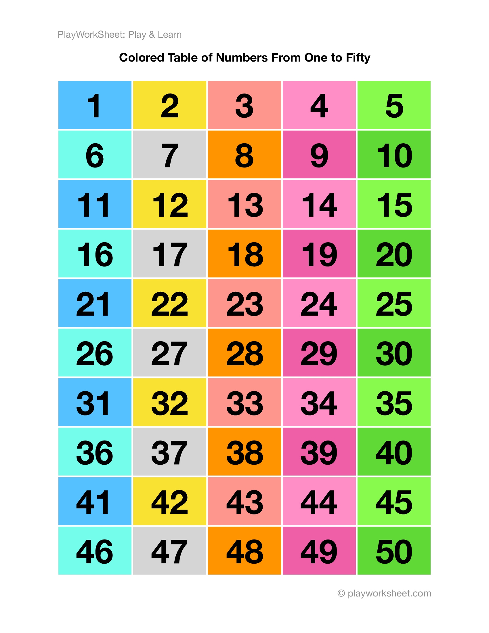 Colored Table Chart Of Numbers From One To Fifty Free Printables For Kids
