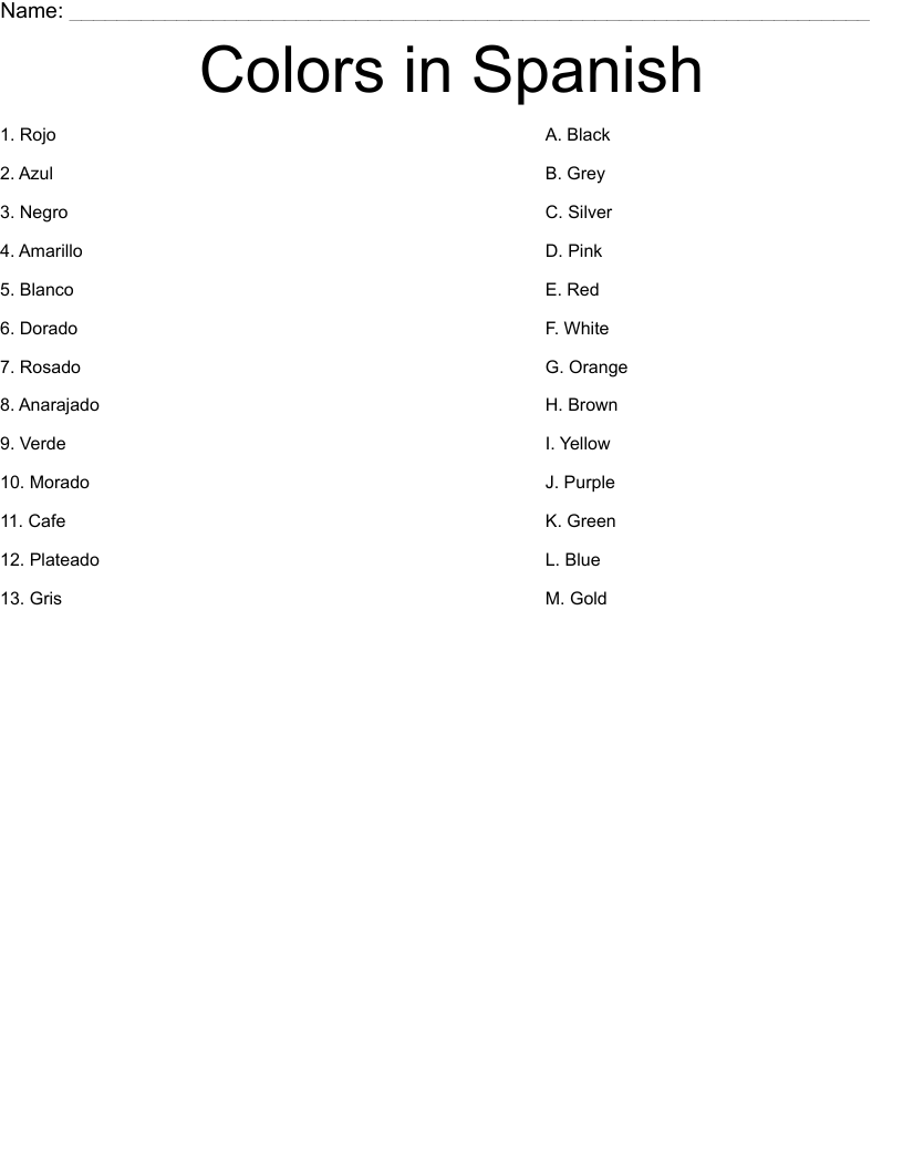 Free Printable Spanish Colors Worksheet Pdf