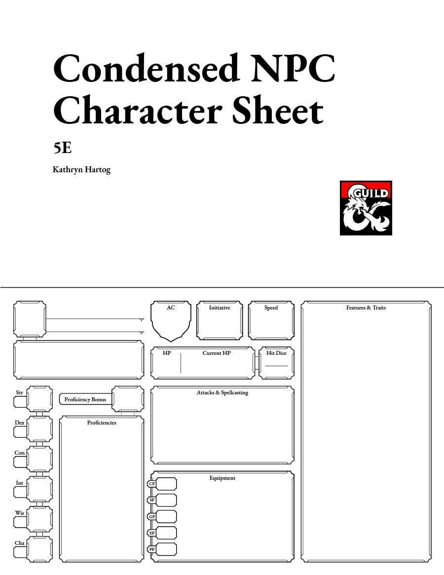 Condensed NPC Character Sheet 5E Dungeon Masters Guild Dungeon Masters Guild
