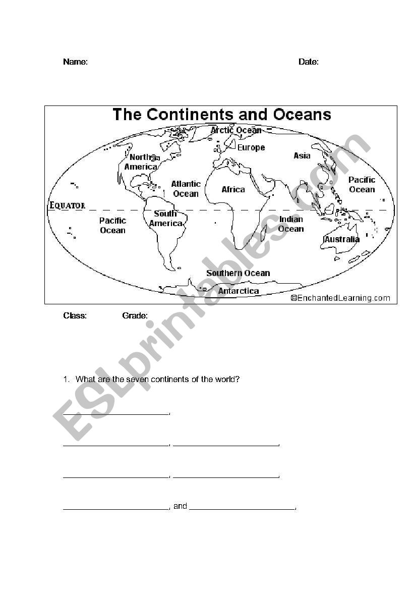 Continents And Oceans ESL Worksheet By BBrenton
