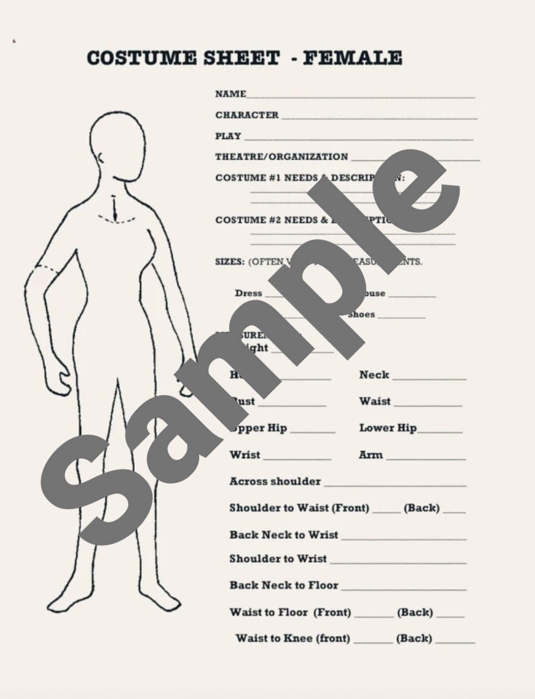 Costume Measurements File worksheets Etsy