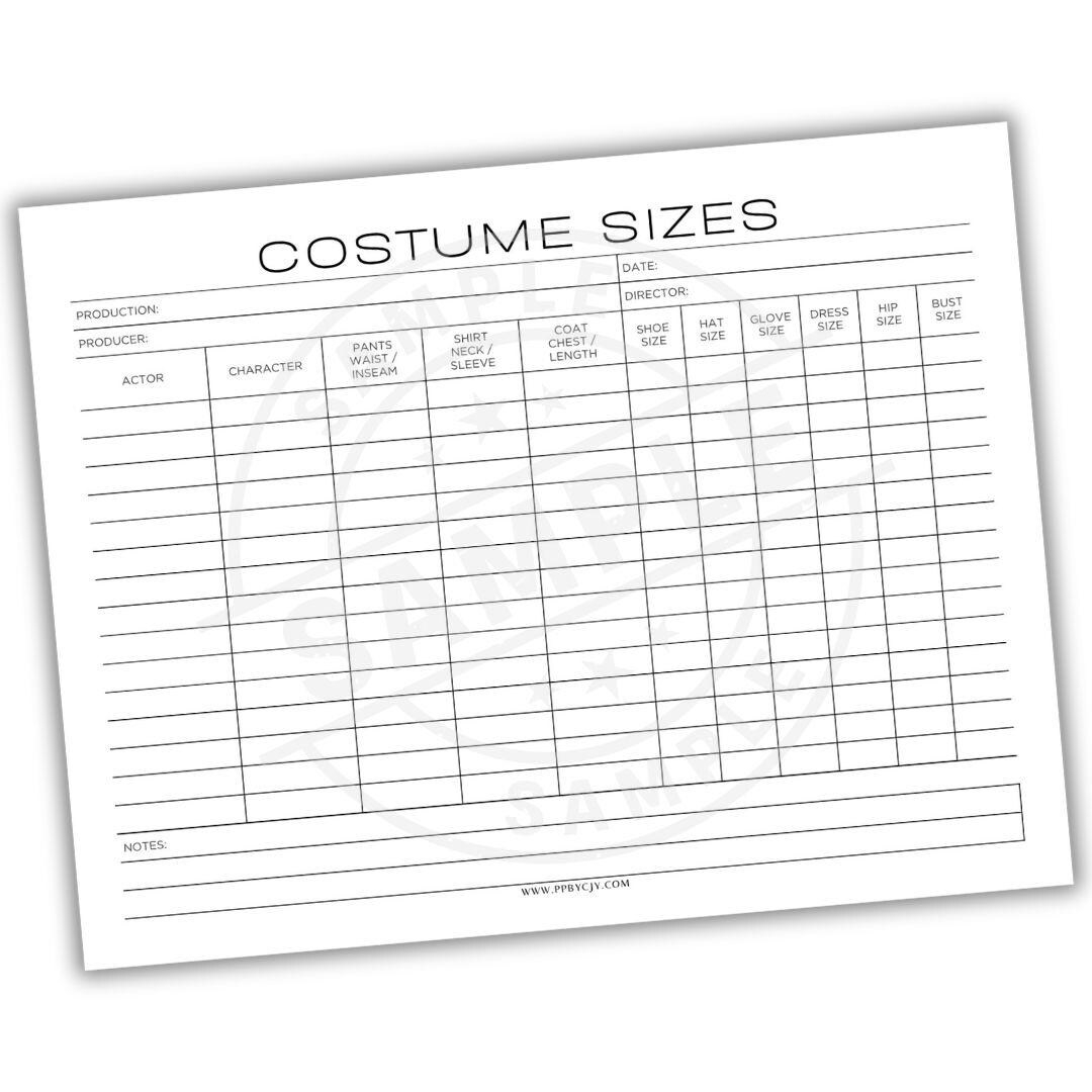 Costume Sizes List Printable PDF Track Measurements And Fittings Cosplay Theater And Event Costume Organizer Design Template Etsy Israel