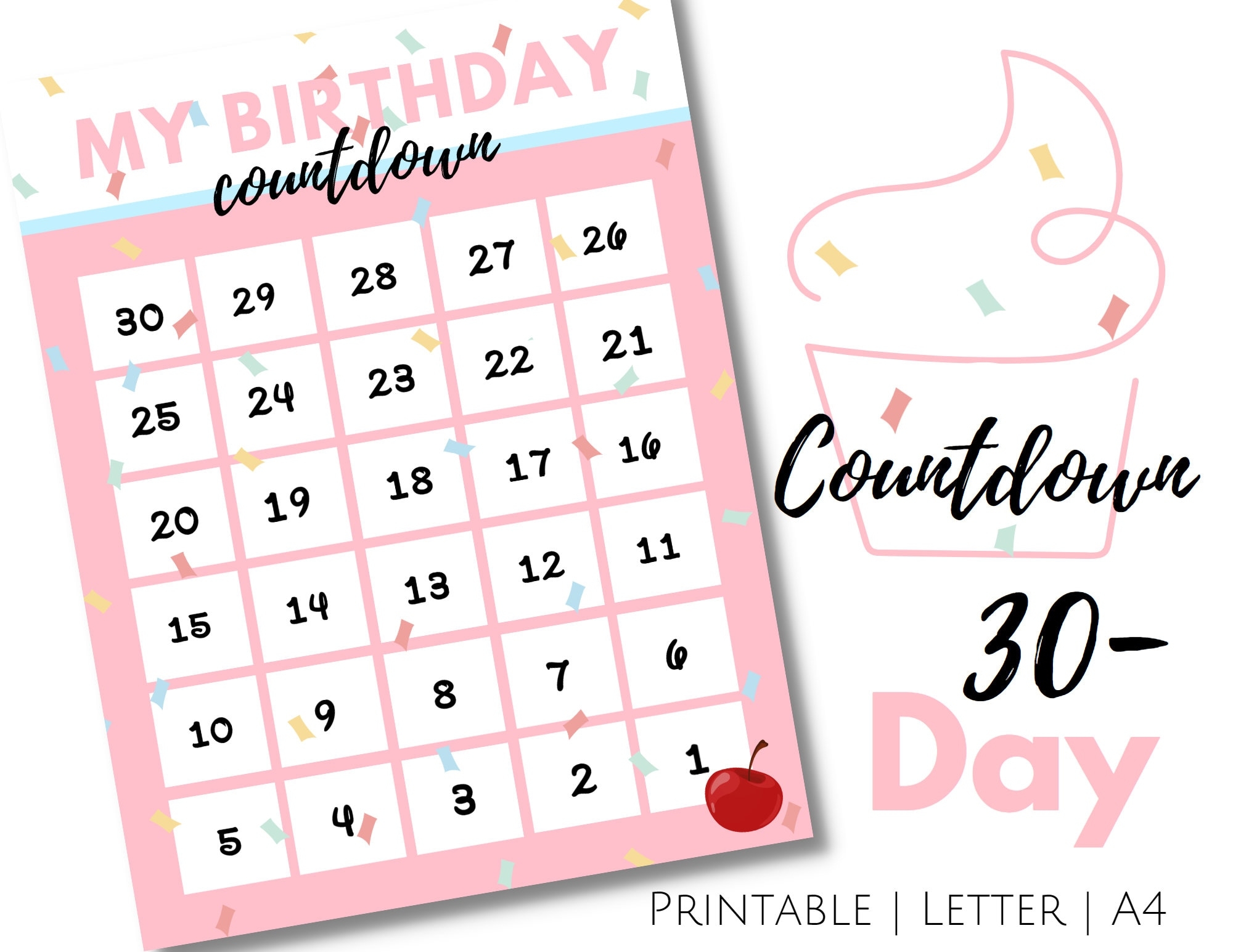Countdown To Birthday Printable 30 Day Birthday Countdown Kids Birthday Countdown In Pink Cupcake Etsy Countdown To Birthday Printable 30 Day Birthday Countdown Kids Birthday Countdown In Pink Cupcake Etsy