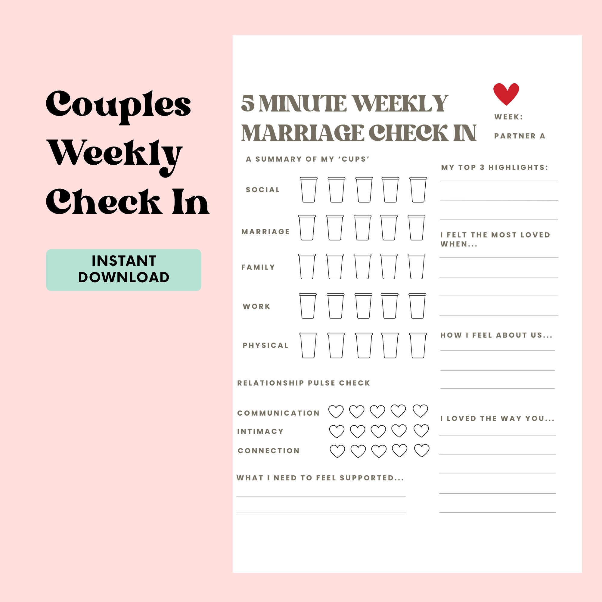 Couples Weekly Check in Worksheet Marriage Health Check Questions Couples Counselling Tools 5 Min Marriage Counselling Tool Marriage Prompts Etsy