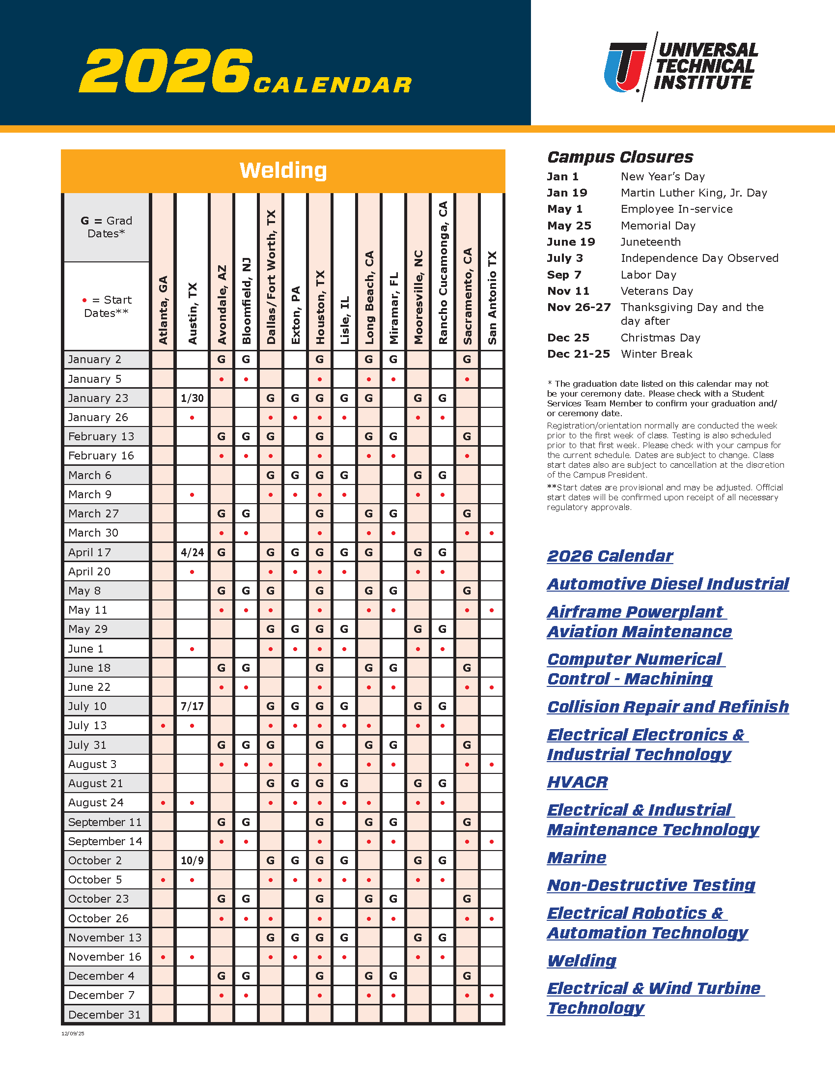 Course Calendar UTI And Motorcycle 2026 Universal Technical Institute