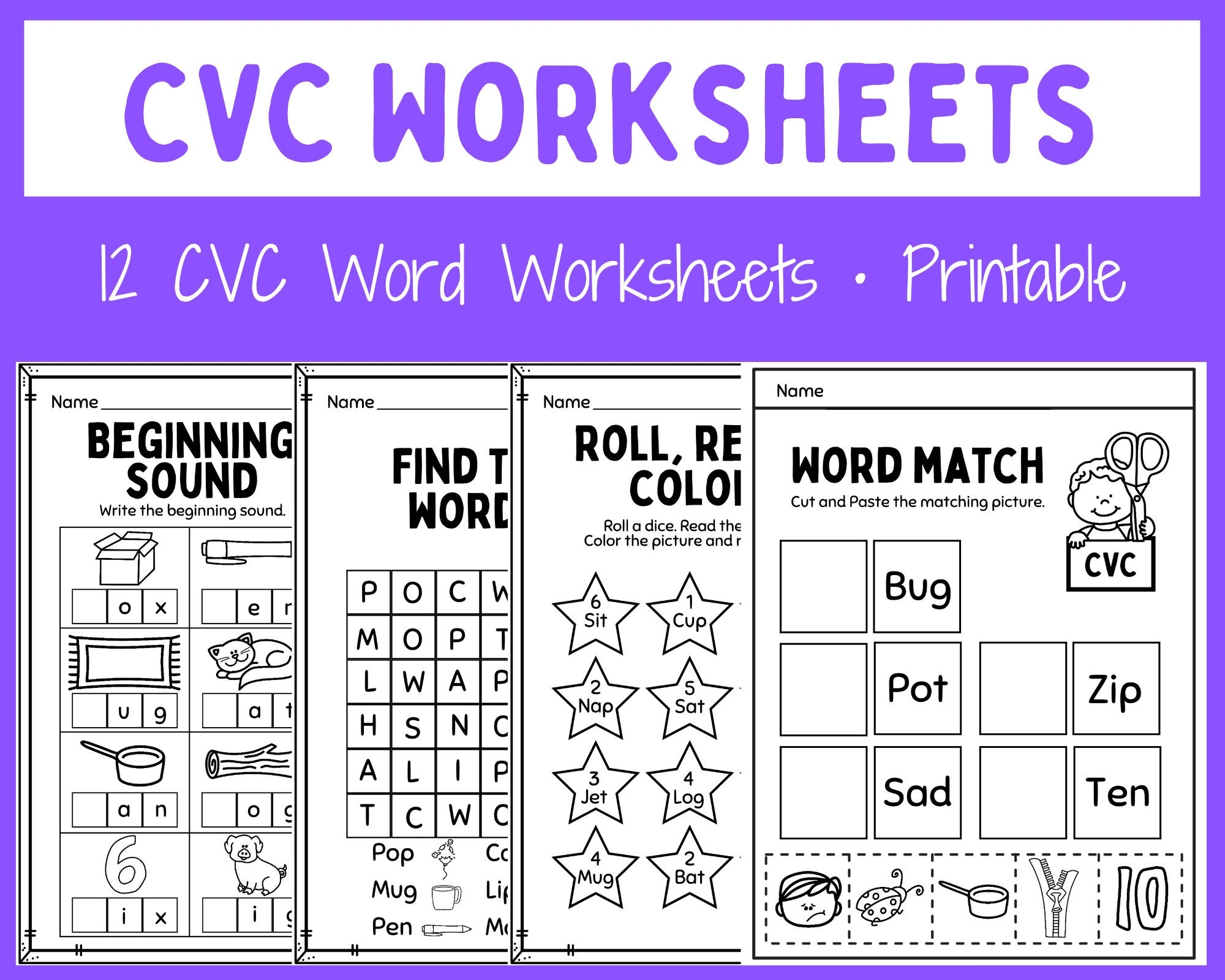 Cvc Word Worksheets Printable Instant Download Kindergarten First Grade Homeschool Teacher Resources Digital Download