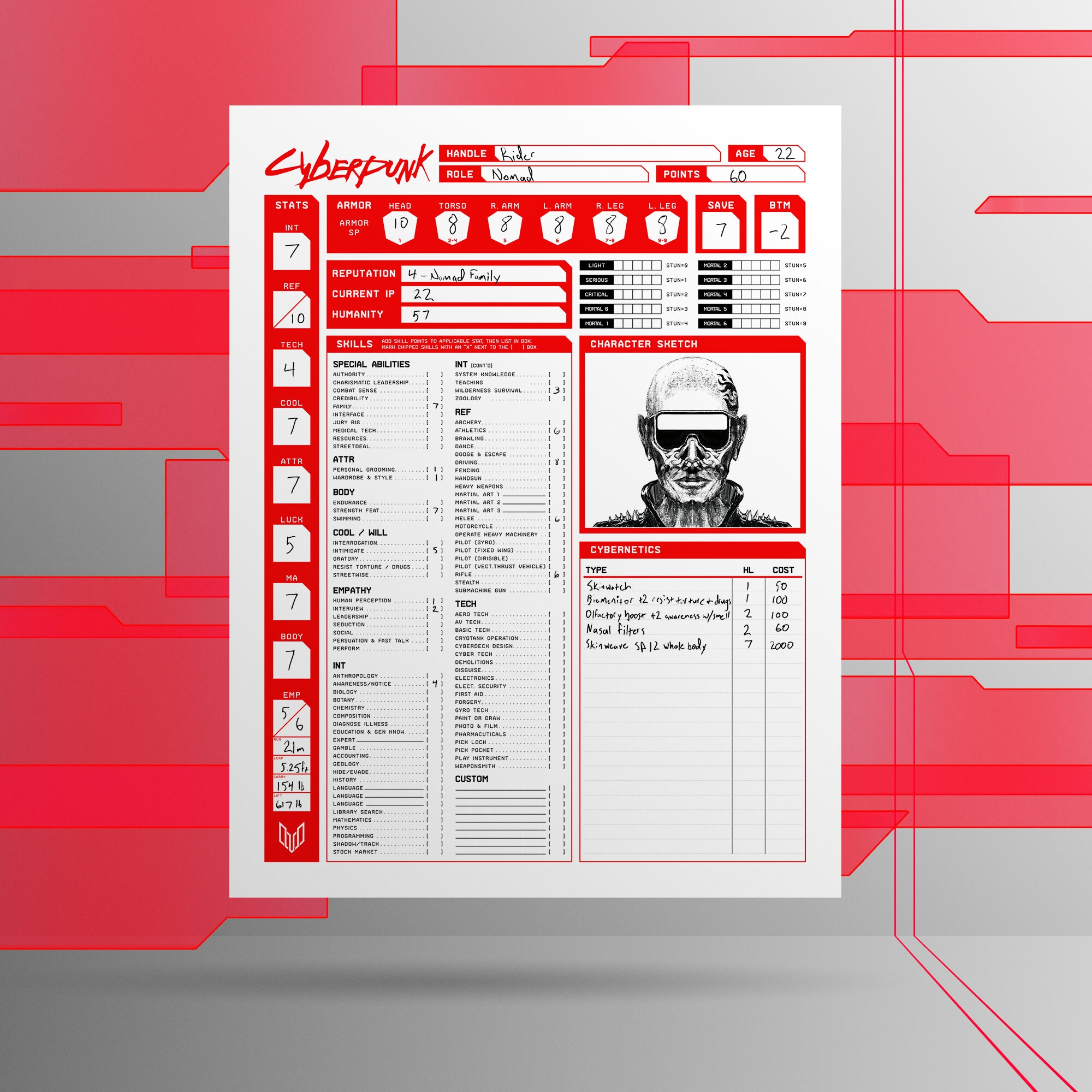 Cyberpunk Character Sheet Valency Graphics